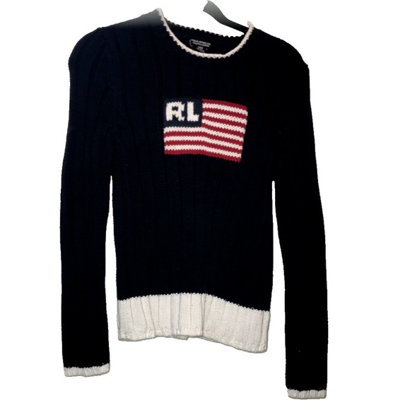 Polo Ralph Lauren RL American Flag Cable Knit Sweater #67437 Women's L VTG - Picture 5 of 11